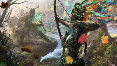 Woman Warrior Colorful Hair Draws Fantasy Wallpaper 4K 3387x1905 A, Woman, Warrior, With, Colorful, Hair, Draws, Bow, Magical, Forest, Facing, Wielding, Gray, Ultrawide, QHD