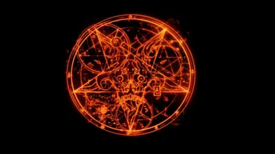 Glowing Orange Occult Pentagram Symbols Black/Dark Wallpaper 4K 1920x1080 A, Glowing, Orange, Occult, Pentagram, With, Intricate, Symbols, Against, Black, Designed, Dark-themed, Brown, Ultrawide, Full HD