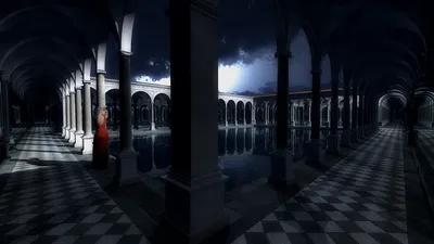 Dark Artistic Night Cloister Black/Dark Wallpaper 4K 1920x1080 Dark, Artistic, Night, Scene, Of, A, Cloister, With, Reflective, Pool, Illuminated, Moonlight, Black, Ultrawide, Full HD