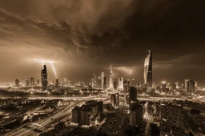 Dramatic Kuwait City Illuminated Lightning World Wallpaper 4K 2048x1366 A, Dramatic, View, Of, Kuwait, City, Illuminated, By, Lightning, Showcasing, Stunning, Man-made, Brown, Gray, Landscape, Full HD
