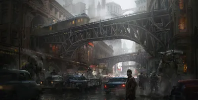 Bustling Dieselpunk Sci World Wallpaper 4K 2000x1009 A, Bustling, Dieselpunk, Sci-fi, City, Street, With, People, Cars, Trams, Robots, Featuring, Gray, Ultrawide, Full HD