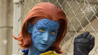 Woman Vibrant Blue Cosplay Abstract Wallpaper 4K 3185x1792 A, Woman, In, Vibrant, Blue, Cosplay, Resembling, Character, Striking, Yellow, Eyes, Reddish-brown, Gray, Ultrawide, QHD
