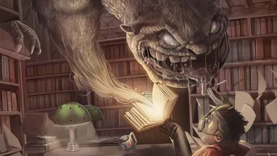 Fantasy Creature Looms Menacingly Fantasy Wallpaper 4K 1920x1080 A, Fantasy, Creature, Looms, Menacingly, Over, Young, Reader, Magical, Library, Illuminated, Glowing, Gray, Brown, Ultrawide, Full HD
