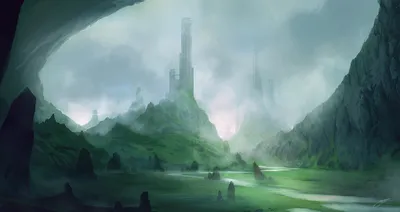 Calm Mystical Wallpaper Fantasy Wallpaper 4K 2040x1080 A, Mystical, Fantasy, Landscape, Features, Towering, Structures, Shrouded, Mist, Surrounded, Green, Hills, Gray, Ultrawide, Full HD
