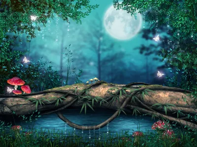 Mystical Forest Full Moon Space Wallpaper 4K 4000x3000 A, Mystical, Forest, Scene, Featuring, Full, Moon, Vibrant, Mushrooms, Log, Glowing, Butterflies, White, Orange, Landscape, 4K