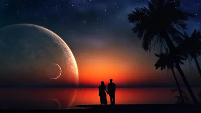 Romantic Sunset Landscape Nature Wallpaper 4K 1920x1080 A, Romantic, Sunset, Landscape, Featuring, Couple, Holding, Hands, Water, Large, Planet, Stars, Orange, Brown, Red, Ultrawide, Full HD