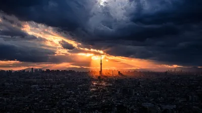 Tokyo Cityscape Dramatic Sunlight World Wallpaper 4K 7680x4320 Tokyo, Cityscape, With, Dramatic, Sunlight, Rays, Breaking, Through, Dark, Clouds, Captured, Stunning, Brown, Gray, Purple, Ultrawide, 4K