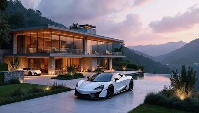 Modern Glass Home Dusk Cars Wallpaper 4K 6000x3429 4k, Ultra, Hd, Wallpaper:, Of, A, Modern, Glass, Home, Dusk, Two, Sleek, White, Ultrawide