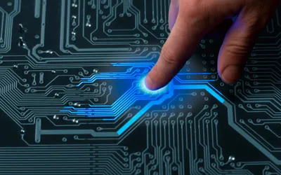 Vibrant Close Wallpaper Technology Wallpaper 4K 2880x1800 A, Close-up, Of, Hand, Pressing, Glowing, Point, Circuit, Board, Showcasing, Intricate, Technology, Red, Ultrawide, QHD