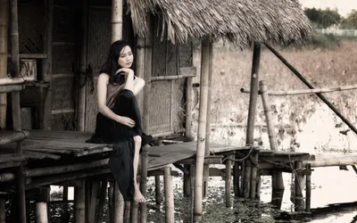 Serene Asian Wallpaper Black/Dark Wallpaper 4K 1920x1200 An, Asian, Woman, In, Black, Clothing, Sits, Outside, Rustic, Bamboo, Hut, Over, Gray, Brown, Ultrawide, Full HD