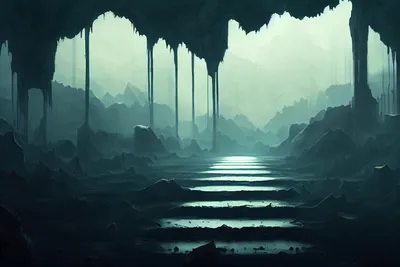 Dark Digital Environment Art Technology Wallpaper 4K 2304x1536 Dark, Digital, Environment, Ai, Art, Concept:, Misty, Cavern, Dripping, Stalactites, Reflective, White, Gray, Landscape, Full HD