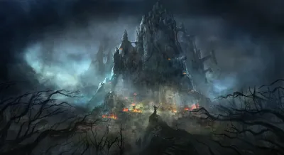 Moody Dark Wallpaper Fantasy Wallpaper 4K 2000x1090 A, Dark, Fantasy, City, With, Towering, Fortress, Engulfed, Fiery, Glows, Surrounded, Eerie, Gray, Ultrawide, Full HD
