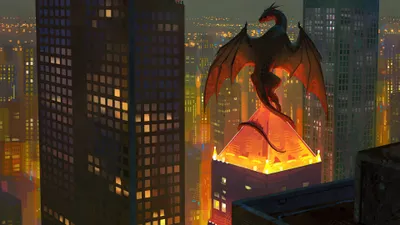 Fiery Dragon Perched Fantasy Wallpaper 4K 3840x2160 A, Fiery, Dragon, Perched, Atop, Glowing, Rooftop, Amidst, Towering, City, Skyscrapers, Detailed, Brown, Orange, Ultrawide, 4K
