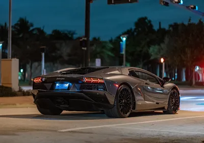 Dreamy Sleek Wallpaper Black/Dark Wallpaper 4K 5120x3588 A, Sleek, Black, Lamborghini, Parked, On, City, Street, Night, Captured, Vivid, Detail, Gray, Landscape, 4k