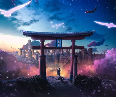 Couple Stands Beneath Glowing Torii World Wallpaper 4K 1920x1600 A, Couple, Stands, Beneath, Glowing, Torii, Gate, Overlooking, Vibrant, Sci-fi, Cityscape, Dusk, White, Red, Square, Full HD