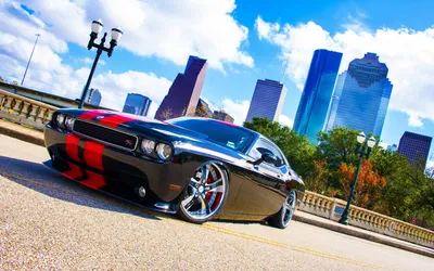 Sleek Black Dodge World Wallpaper 4K 1920x1200 A, Sleek, Black, Dodge, Challenger, Parked, On, City, Street, Showcasing, Sporty, Design, White, Ultrawide, Full HD
