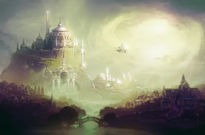 Fantasy City Majestic Buildings Perched World Wallpaper 4K 2182x1447 A, Fantasy, City, With, Majestic, Buildings, Perched, On, Hill, Surrounded, Mist, Illuminated, Gray, White, Ultrawide, Full HD