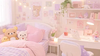 Cute Pastel Pink Fantasy Wallpaper 4K 3840x2160 Cute, Pastel, Pink, Bedroom, Scene, With, Plush, Bears, Cozy, Bed, Tidy, Desk, White, Ultrawide, 4K