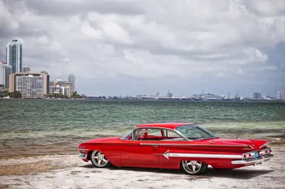 Vibrant Vintage Chevrolet Impala World Wallpaper 4K 4288x2848 A, Vibrant, Vintage, Chevrolet, Impala, Parked, By, The, Shore, Scenic, View, City, White, Ultrawide, 4k