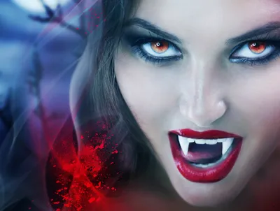 Vampire Fangs Red Eyes Fantasy Wallpaper 4K 6975x5264 A, Stunning, Vampire, With, Fangs, And, Red, Eyes, Framed, Smoky, Shadows, Her, White, Landscape, 4K