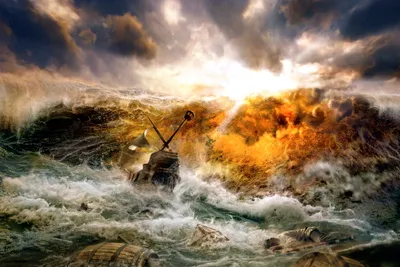 Dramatic Fantasy Ship Battling Fantasy Wallpaper 4K 1676x1119 A, Dramatic, Fantasy, Scene, Featuring, Ship, Battling, Enormous, Waves, Against, Fiery, Sunset, White, Landscape