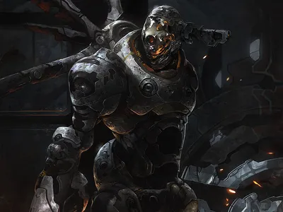 Dark Armored Creature Damaged Black/Dark Wallpaper 4K 1440x1080 Dark, Armored, Creature, In, A, Damaged, Mech, Suit, Glowing, Eyes, Embers, Sci-fi, Gray, Teal, Landscape