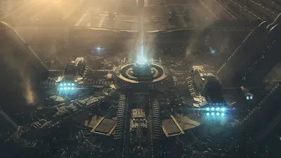 Golden Futuristic Wallpaper World Wallpaper 4K 1920x1079 A, Futuristic, Sci-fi, Cityscape, Featuring, Central, Building, Emitting, Bright, Beam, Surrounded, Aircraft, Gray, Ultrawide, Full HD