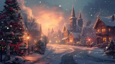 Enchanted Christmas Eve Snowy Town World Wallpaper 4K 1000x563 Gray