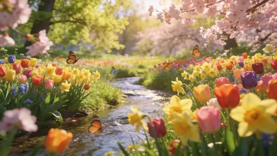 Colorful Spring Tulips Daffodils Cherry Abstract Wallpaper 4K 4096x2304 4K, Ultra, Hd, Pc, Desktop, Wallpaper, Colorful, Spring, Scene, Tulips, Daffodils, Cherry, White, Gray, Ultrawide