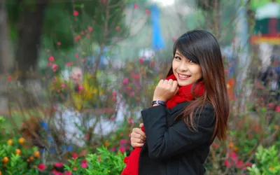 Asian Woman Smiling Posing Colorful Abstract Wallpaper 4K 2560x1600 Asian, Woman, Smiling, And, Posing, In, A, Colorful, Garden, Wearing, Red, Scarf, Gray, Ultrawide, QHD