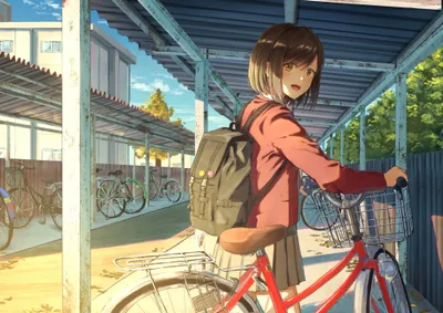 Bright Anime Wallpaper Abstract Wallpaper 4K 2047x1447 Anime, Girl, In, School, Uniform, And, Short, Hair, Parking, Her, Bike, Sunlit, White, Landscape, Full HD