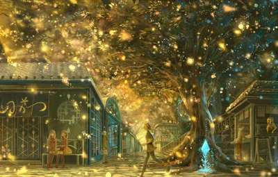 Anime Depicting Magical Nighttime Cityscape World Wallpaper 4K 2097x1338 Anime-style, Hd, Wallpaper, Depicting, A, Magical, Nighttime, Cityscape, Glowing, Trees, Floating, Lights, Brown, Ultrawide, Full HD