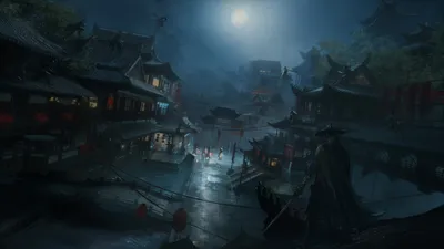 Serene Fantasy Wallpaper Nature Wallpaper 4K 1920x1080 A, Fantasy, Warrior, Stands, With, Katana, Under, Moonlit, Night, Sky, Overlooking, Oriental, Gray, Ultrawide, Full HD