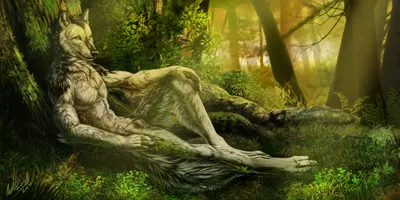 Serene Fantasy Wallpaper Animals Wallpaper 4K 3000x1500 Hd, Fantasy, Pc, Desktop, Wallpaper, Featuring, A, Relaxed, Anthropomorphic, Wolf, Creature, Reclining, Gray, Orange, Brown, Ultrawide, QHD