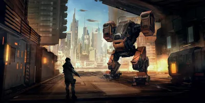 Soldier Stands Futuristic Sci World Wallpaper 4K 3508x1772 A, Soldier, Stands, In, Futuristic, Sci-fi, Cityscape, Facing, Large, Combat, Robot, Captured, Gray, Ultrawide, QHD