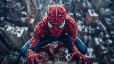 Spider Man Crouching Skyscraper Overlooking World Wallpaper 4K 2912x1632 Spider-man, Crouching, On, A, Skyscraper, Overlooking, The, Cityscape, High-definition, Comic-style, Desktop, Gray, Ultrawide, QHD