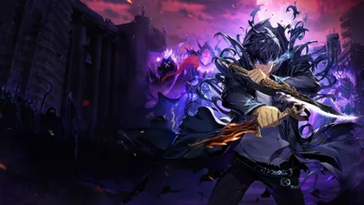 Vibrant Solo Wallpaper Black/Dark Wallpaper 4K 3840x2160 Solo, Leveling’s, Sung, Jin-woo, Wields, A, Glowing, Sword, Leveling, Amid, Dark, Swirling, Gray, Brown, Ultrawide, 4K