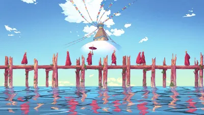 Stylized Religious Monks Red Nature Wallpaper 4K 3840x2160 4K, Ultra, Hd, Pc, Desktop, Wallpaper, Stylized, Religious, Scene, Monks, Red, Robes, White, Pink, Ultrawide