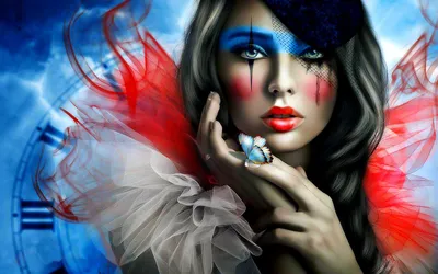 Crisp Captivating Wallpaper Fantasy Wallpaper 4K 1920x1200 A, Captivating, Fantasy-themed, Image, Featuring, Woman, With, Striking, Blue, Red, Face, Paint, Gray, Ultrawide, Full HD