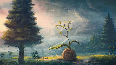 Epic Fantastical Wallpaper Nature Wallpaper 4K 1950x1097 A, Fantastical, Scene, Featuring, Snail, Enveloped, In, Lush, Greenery, Delicate, Flower, Blooming, Gray, Ultrawide, Full HD