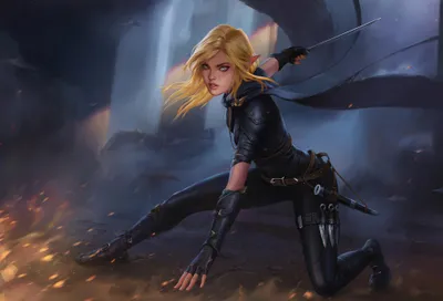 Golden Blonde Wallpaper Fantasy Wallpaper 4K 3840x2611 A, Blonde, Elf, Woman, Warrior, In, Sleek, Black, Armor, Crouches, Ready, Battle, Gray, Brown, Landscape, 4K