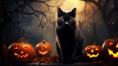 Halloween Black Cat Pumpkins Animals Wallpaper 4K 3840x2159 Pink, Gray, Brown