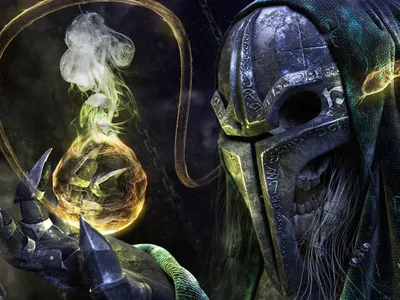 Epic Haunting Wallpaper Fantasy Wallpaper 4K 1600x1200 A, Haunting, Fantasy, Creature, Adorned, In, Detailed, Helmet, Holds, Glowing, Orb, Surrounded, Gray, Landscape