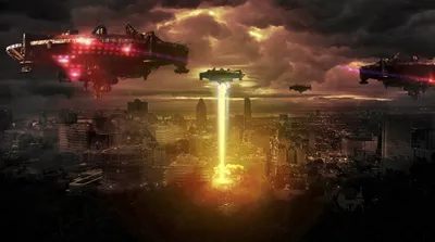 Sleek Dark Wallpaper Space Wallpaper 4K 4292x2398 A, Dark, Sci-fi, City, Under, Siege, In, Space, Invasion, Illuminated, Glowing, Beams, Brown, Ultrawide, 4K