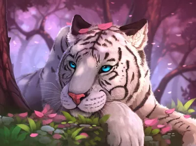 Epic Majestic Wallpaper Animals Wallpaper 4K 2150x1604 A, Majestic, White, Tiger, With, Striking, Blue, Eyes, Rests, Among, Pink, Petals, Gray, Landscape, Full HD