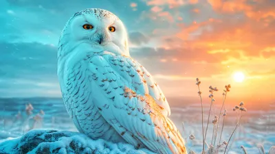 Snowy Owl Perched Nature Wallpaper 4K 3840x2160 Snowy, Owl, Perched, On, A, Frost-covered, Rock, At, Sunrise, Vibrant, Sky, Sharp, Gray, White, Ultrawide, 4k