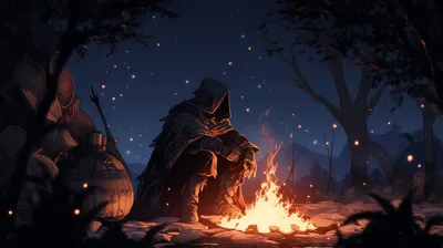 Figure Medieval Attire Resting Space Wallpaper 4K 2912x1632 A, Figure, In, Medieval, Attire, Resting, By, Bonfire, Night, Under, Starry, Sky, White, Ultrawide, QHD