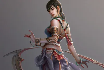 Serene Captivating Wallpaper Fantasy Wallpaper 4K 1920x1297 A, Captivating, Fantasy-themed, Image, Of, Woman, Adorned, Intricate, Attire, Wielding, Curved, Blade, Gray, Landscape, Full HD