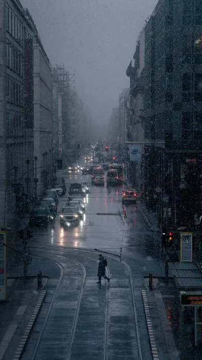 Snowy Berlin Street Dusk Rain World Wallpaper 4K 2160x3839 Gray