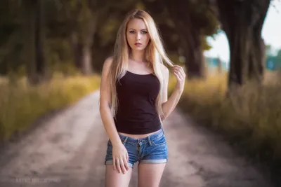 Blonde Woman Black Black/Dark Wallpaper 4K 2048x1368 A, Blonde, Woman, In, Black, Tank, Top, Denim, Shorts, Stands, Dirt, Path, Gray, White, Landscape, Full HD